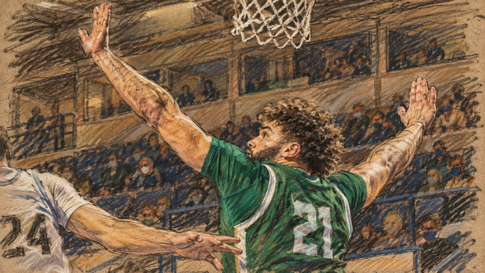 Courtroom-sketch editorial illustration of David Roddy defending beneath a basketball hoop with raised arms, based on an archival January 2022 photograph while he played for Colorado State; contextual image, not the October 2026 Jerusalem game.