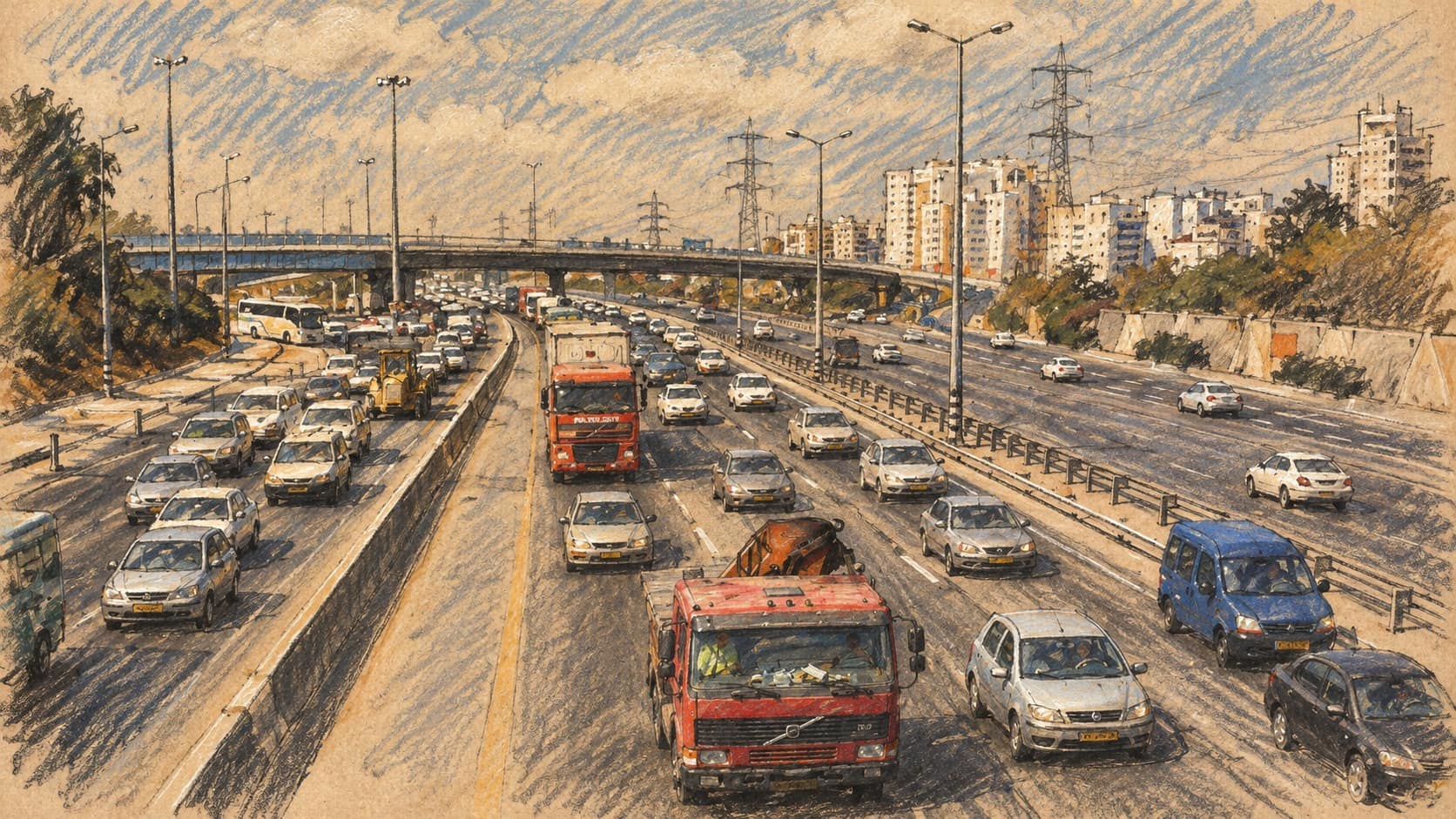 Courtroom-sketch editorial illustration of archival ordinary traffic on Route 4 at Bar Ilan Interchange, with cars, red trucks and an overpass; contextual road scenery, not the Yavne protest.