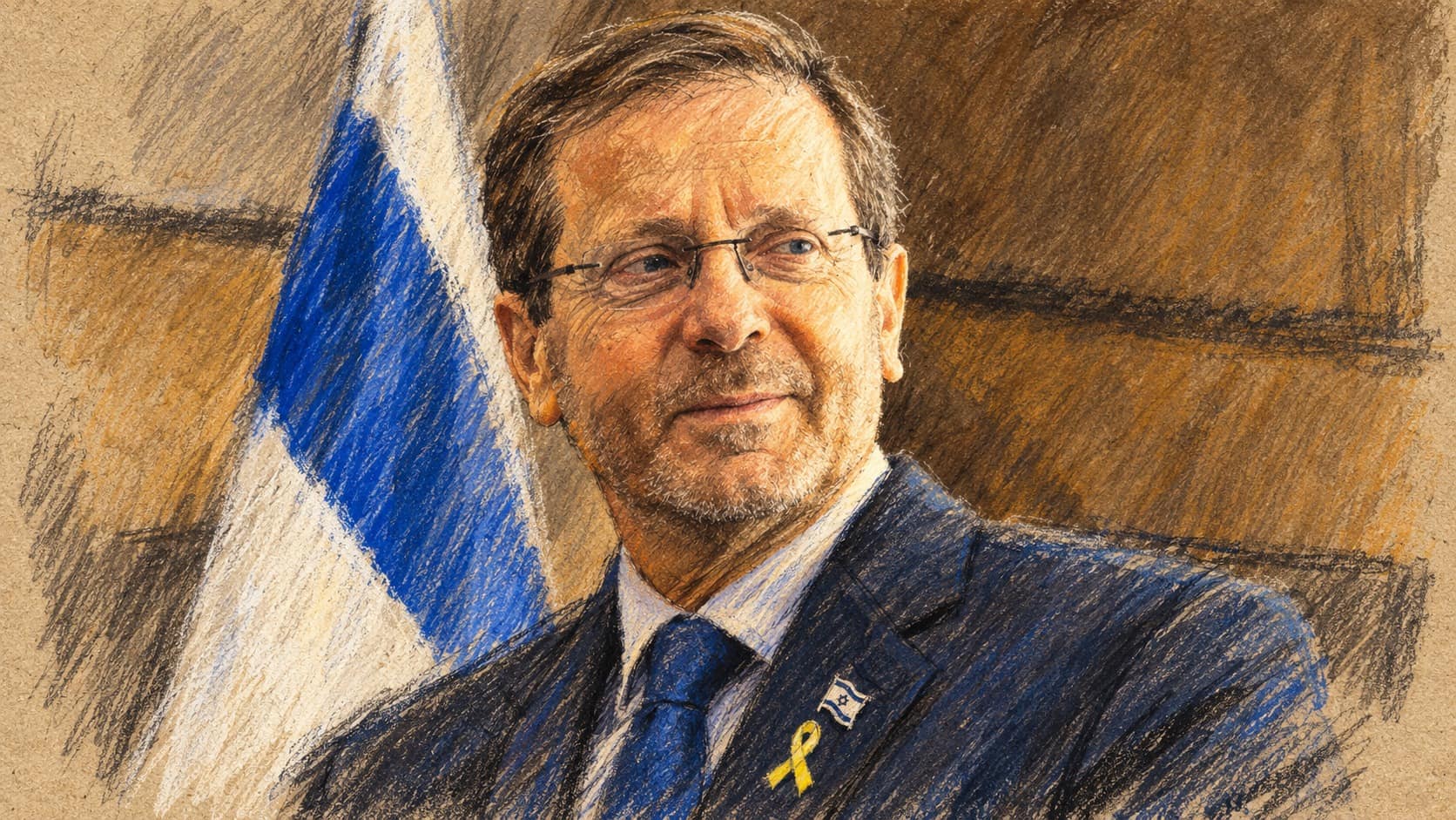 Courtroom-sketch editorial illustration of President Isaac Herzog in an archival portrait with an Israeli flag; contextual image, not the October 17 phone call or attack.