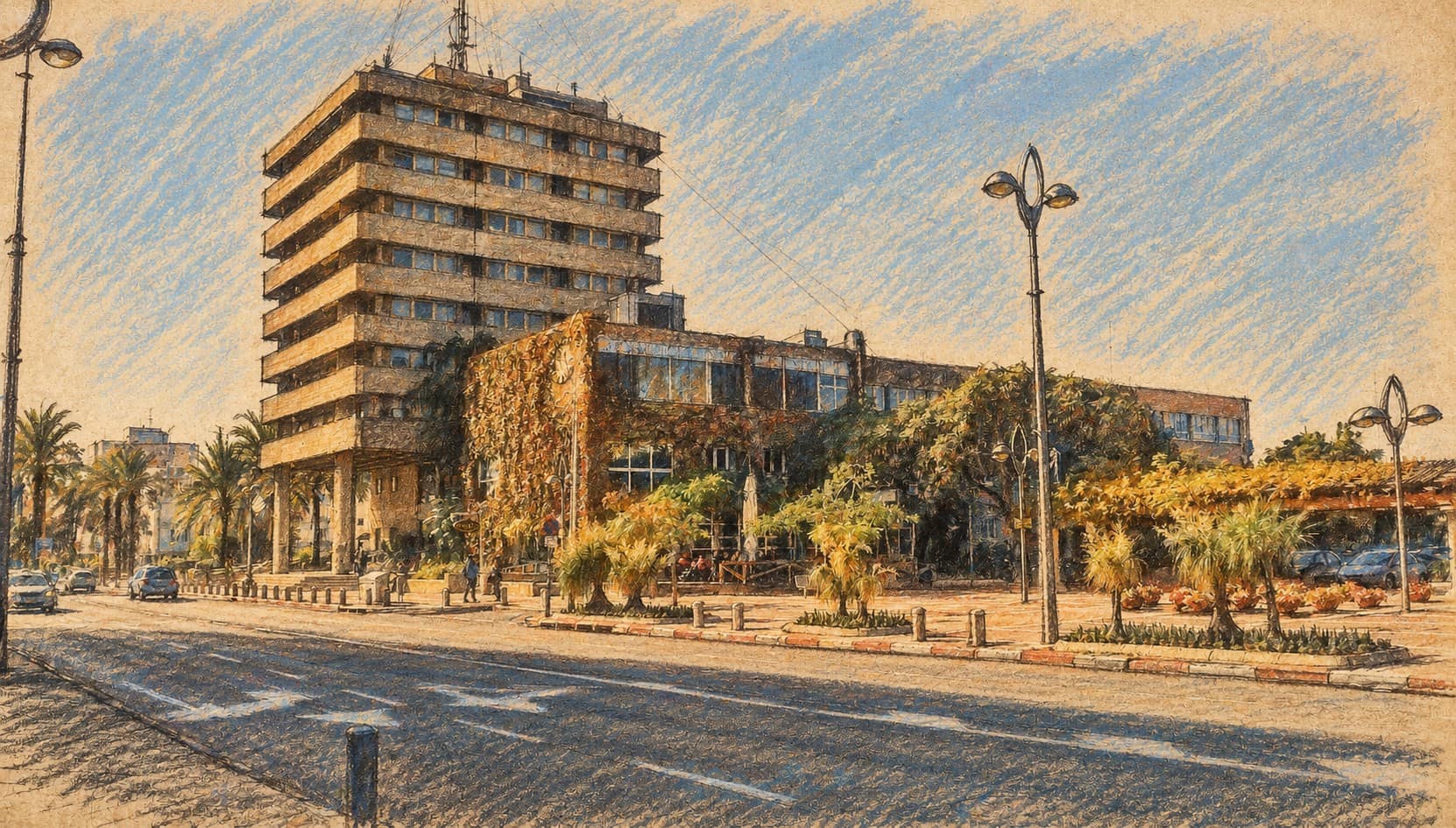 Courtroom-sketch editorial illustration of Holon city hall viewed across Weizman Street, an archival municipal scene used as context for the city's announced community celebration