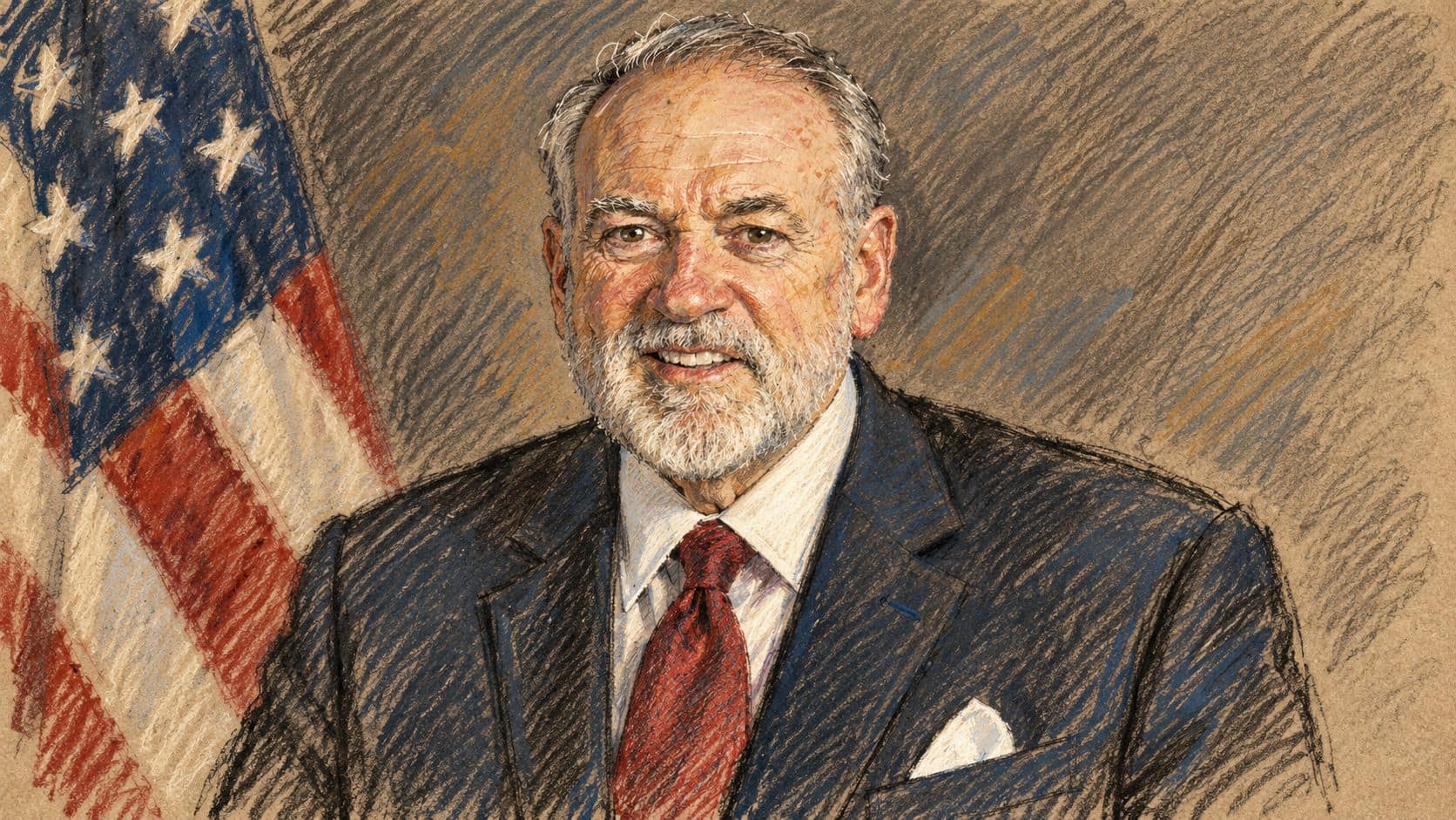 Courtroom-sketch editorial illustration of Mike Huckabee in his 2025 official portrait, wearing a dark suit and red tie beside a United States flag; archival context for his statement, not the attack.