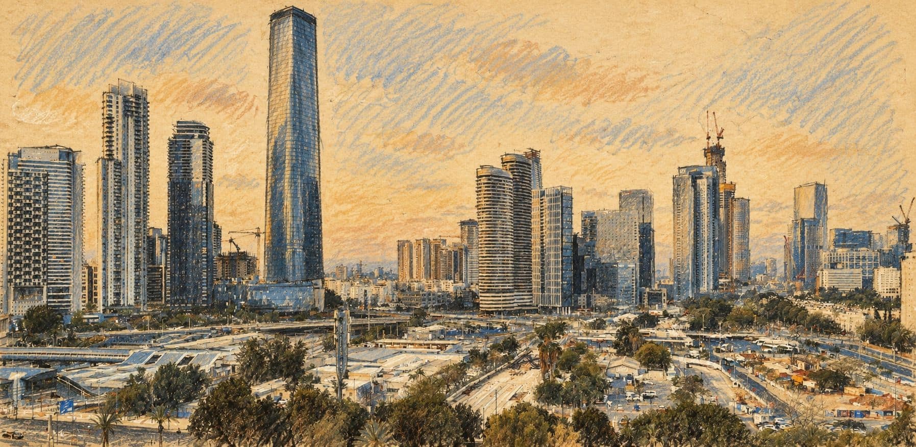 Courtroom-sketch editorial illustration of an archival June 2026 Tel Aviv skyline above roads, trees and construction areas, used as context for Israeli economic statistics.