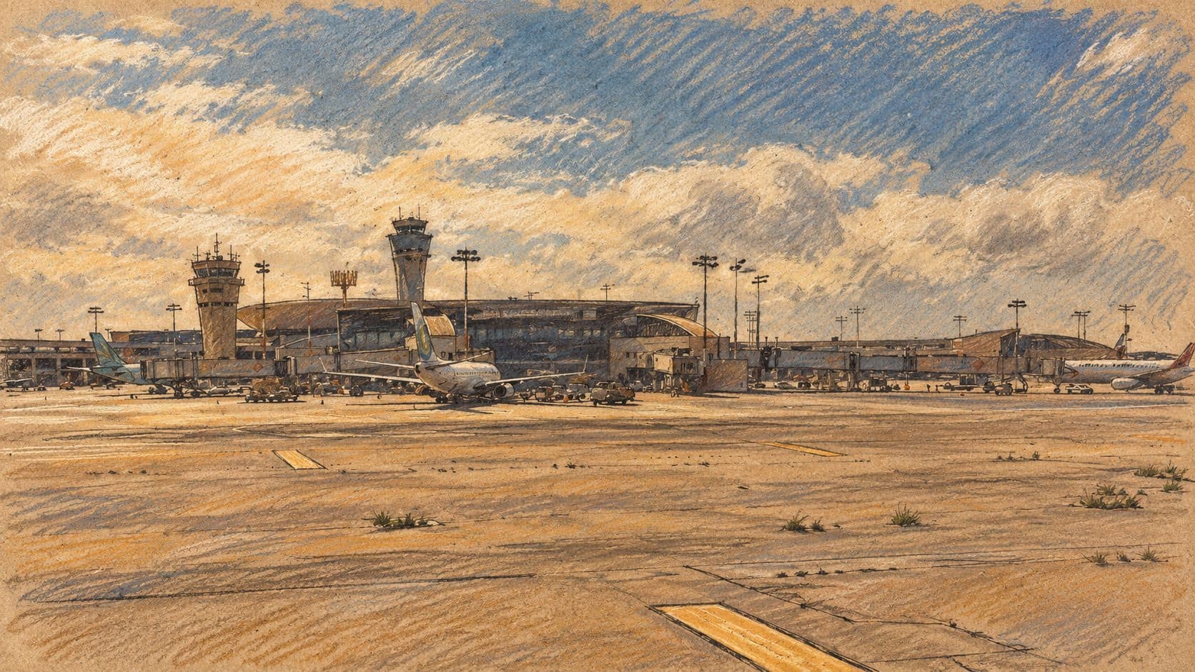 Courtroom-sketch editorial illustration of an archival 2018 view of Ben Gurion Airport terminal buildings, control towers and apron, used as airport context rather than a depiction of the reported border-control incident