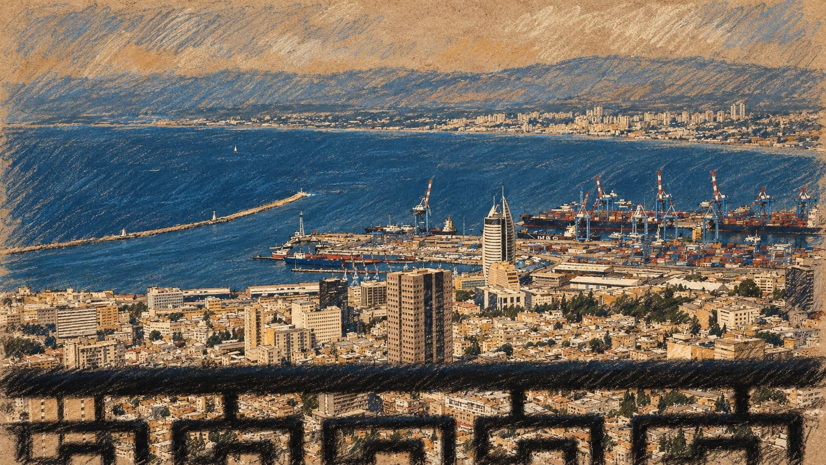 Courtroom-sketch editorial illustration of an archival 2015 view of Haifa downtown and harbor, used as geographic context for the court repayment order.
