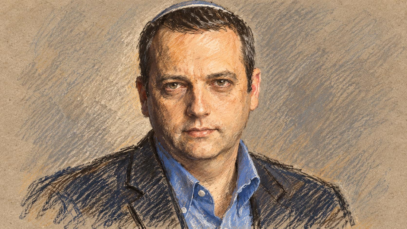Courtroom-sketch editorial illustration of an archival 2015 portrait of Gilad Kariv wearing a kippah, blue shirt and dark blazer against a plain background; contextual imagery, not the October 18 voting appeal.