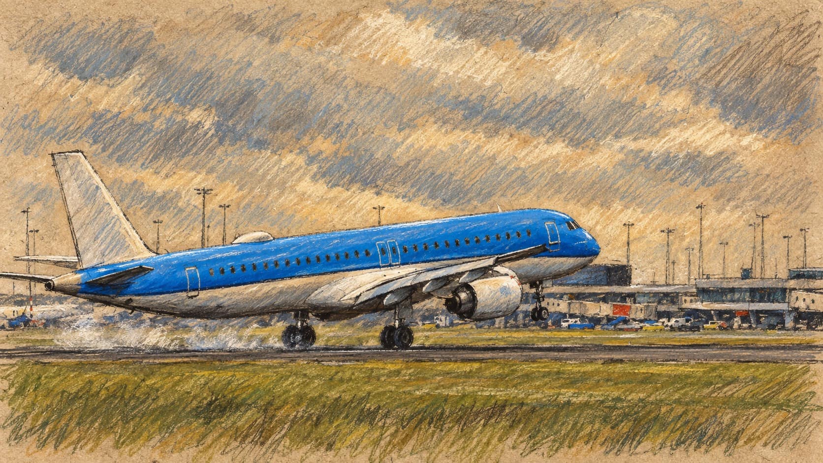 Courtroom-sketch editorial illustration of a blue-and-white passenger aircraft at Amsterdam Schiphol, based on a September 2026 photograph; contextual airport scene, not the disputed Montreal flight.
