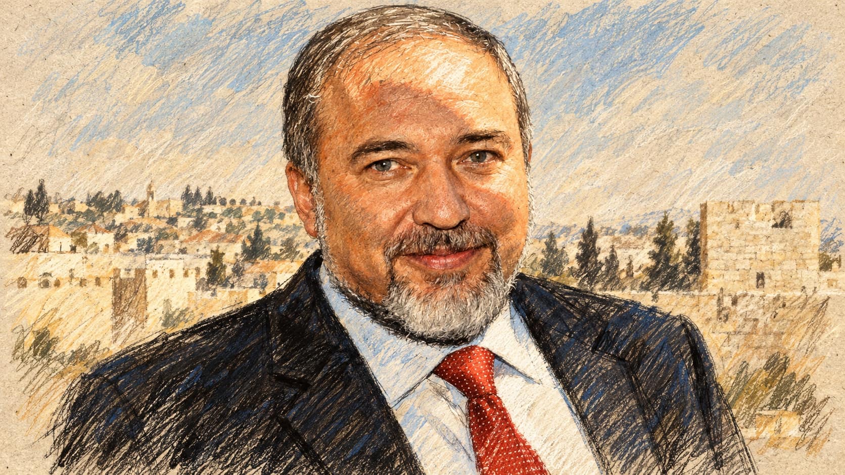Courtroom-sketch editorial illustration of an archival portrait of Avigdor Liberman in a dark suit and red tie with Jerusalem stone buildings in the background; contextual imagery, not a depiction of his October 18 election appeal.