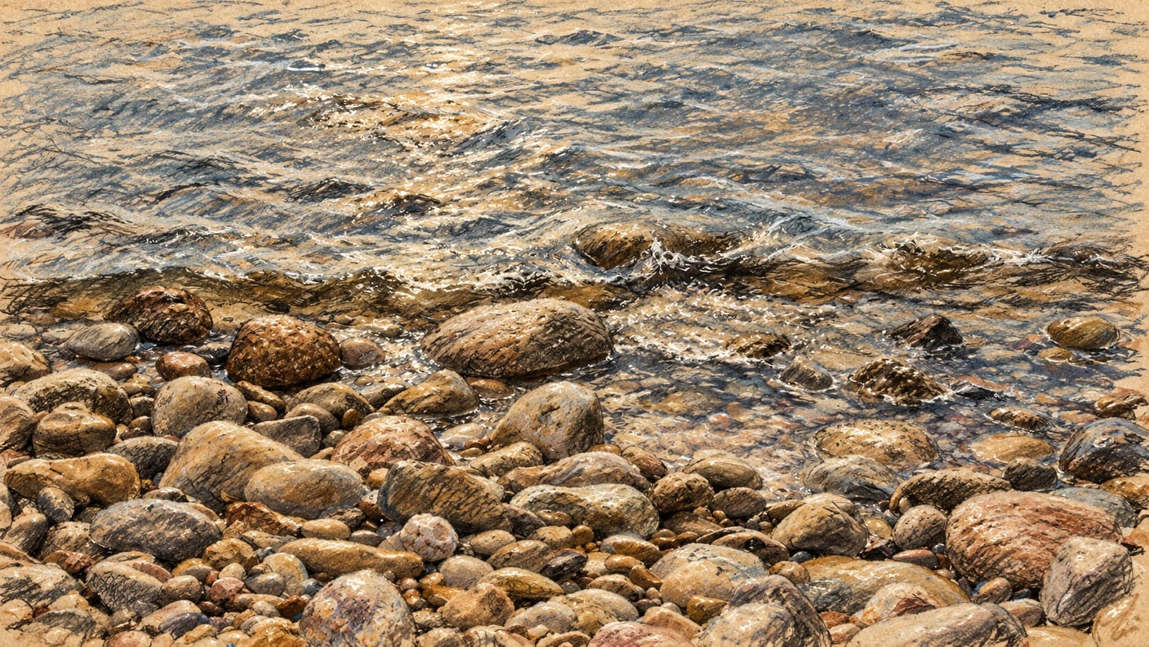 Courtroom-sketch editorial illustration of rocks and rippling water along Israel’s Mediterranean shoreline, based on an archival April 2016 photograph; contextual coastal view.