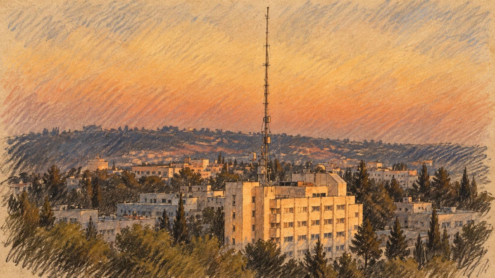 Courtroom-sketch editorial illustration of an archival 2009 view of the Israel Police national headquarters building in Jerusalem at sunset, with its tall antenna and surrounding hills; institutional context, not Lahav 433 or a depiction of the questioning.