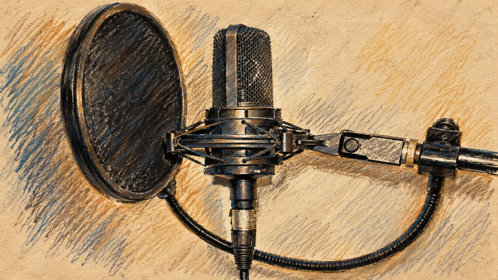 Courtroom-sketch editorial illustration of an archival studio microphone and pop filter, used as context for a singing competition