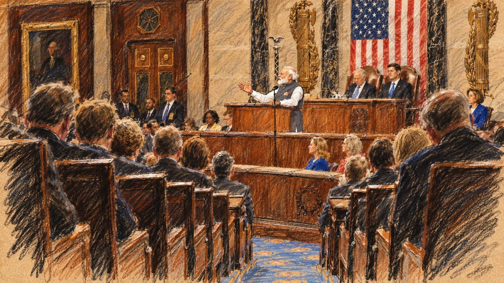 Courtroom-sketch editorial illustration of Narendra Modi addressing the U.S. Congress in an archival June 2016 scene, with officials behind the lectern and a seated audience, rendered in warm ochre and slate-blue pastel strokes; contextual actor image, not the Gwalior mishap or compensation announcement.