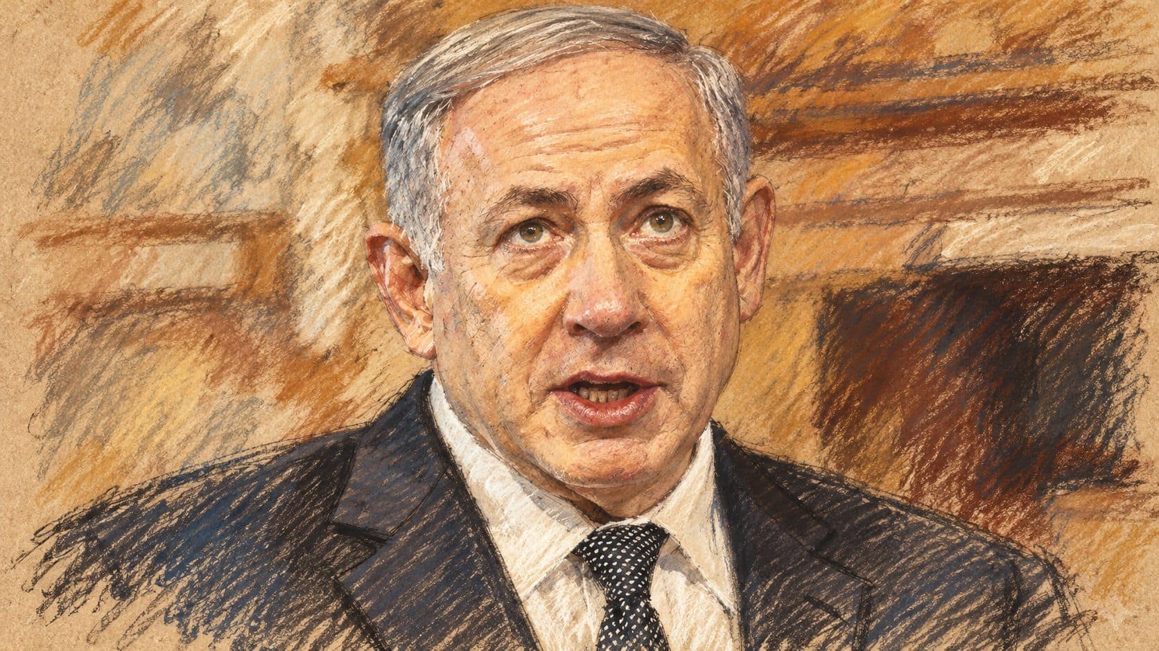 Courtroom-sketch editorial illustration of Benjamin Netanyahu speaking in an archival 2016 portrait