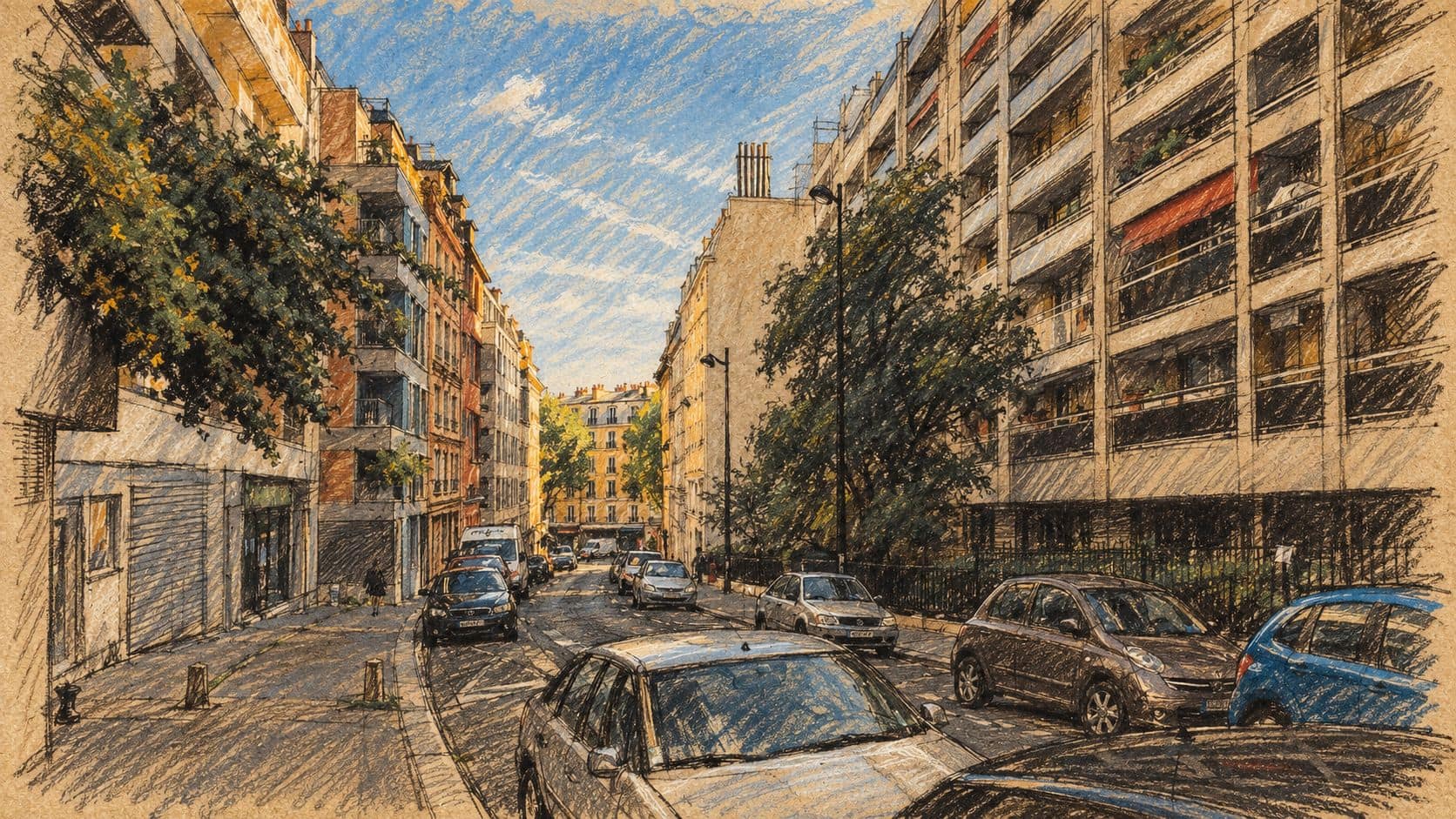 Courtroom-sketch editorial illustration of an archival 2015 view down rue Burnouf in Paris, with apartment buildings, trees and parked cars; geographic context, not the affected prayer room or the October 2026 incident.