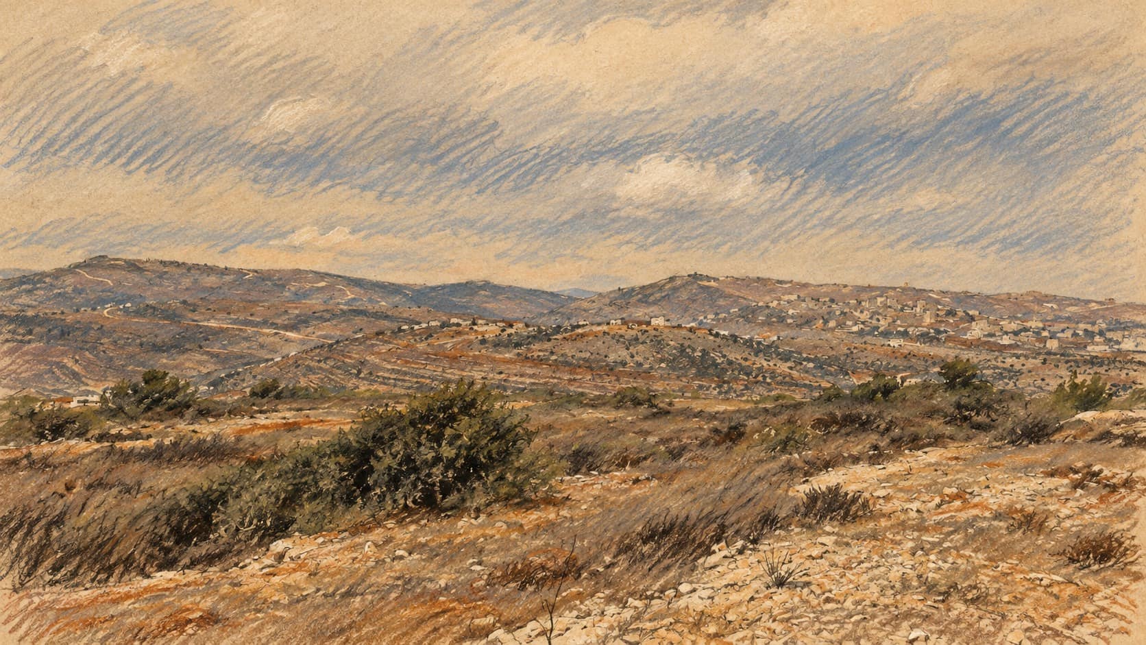 Courtroom-sketch editorial illustration of an archival landscape near Yabrud, with rocky scrubland and distant hills beneath a cloudy sky; contextual scenery, not a depiction of the suspicious object or police investigation.