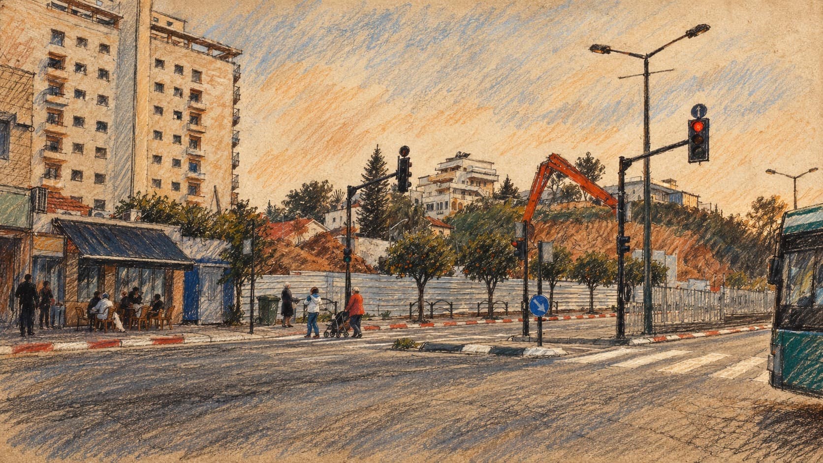 Courtroom-sketch editorial illustration of an archival Rehovot street intersection with apartment buildings, crossing and distant pedestrians; contextual city view, not Awakat Center or workshop attendees.