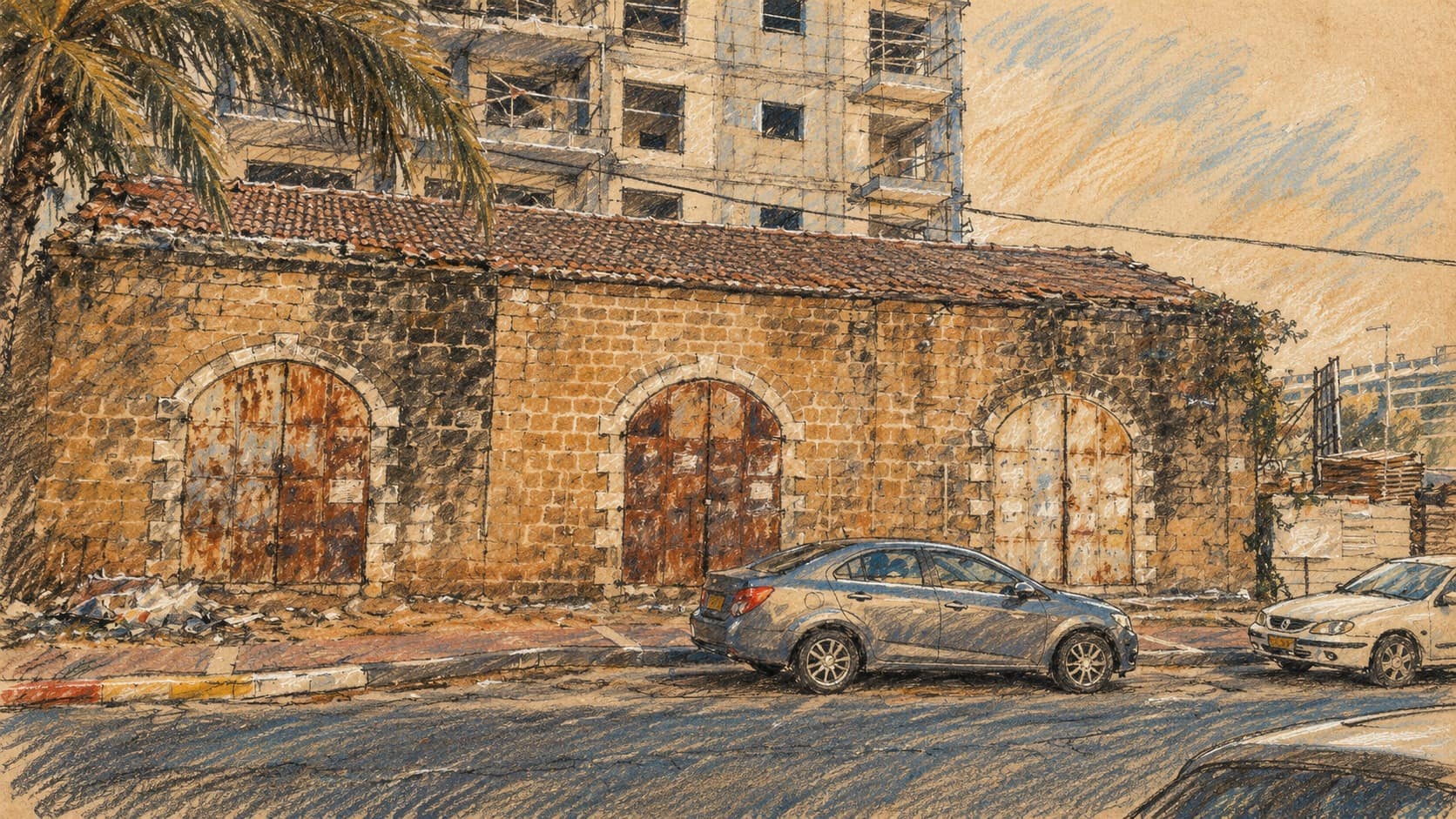 Courtroom-sketch editorial illustration of historic stone granaries on a Rehovot street, based on an archival city view; contextual illustration, not the Sigd celebration or its venue.