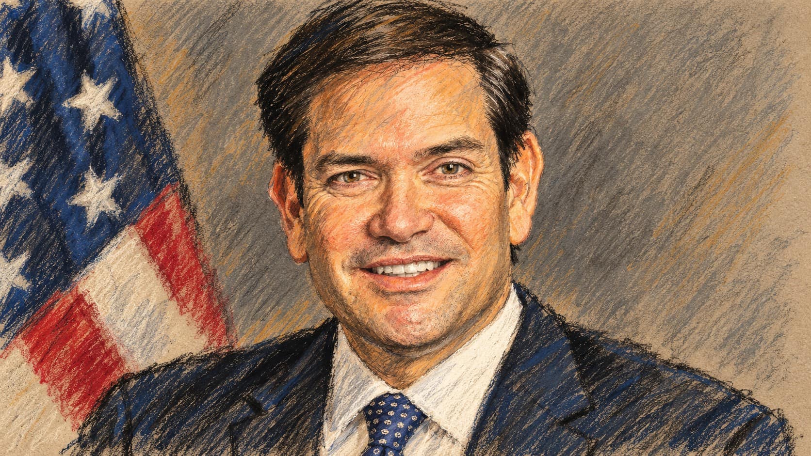 Courtroom-sketch editorial illustration of Marco Rubio in an archival January 2025 official portrait, with a partial United States flag and plain background
