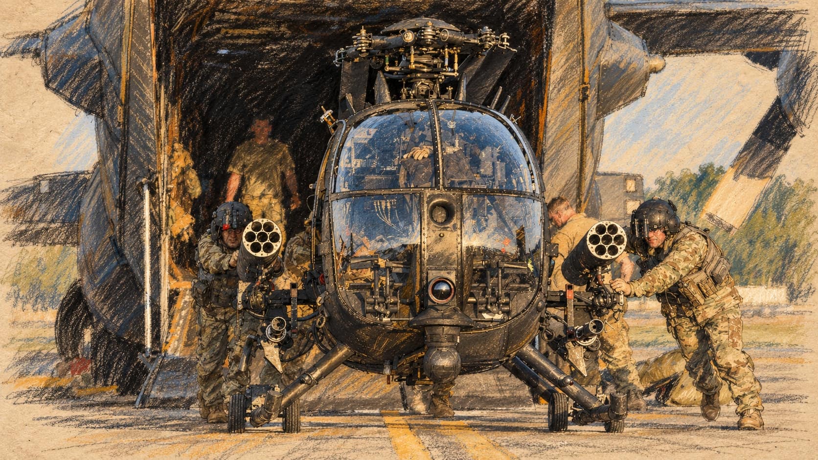 Courtroom-sketch editorial illustration of a U.S. AH-6 helicopter and uniformed crew at a military transport ramp during archival July 2017 training in Tennessee, rendered in warm ochre and slate-blue pastel strokes; contextual helicopter-family reference, not the Saudi AH-6i or the Najran crash.