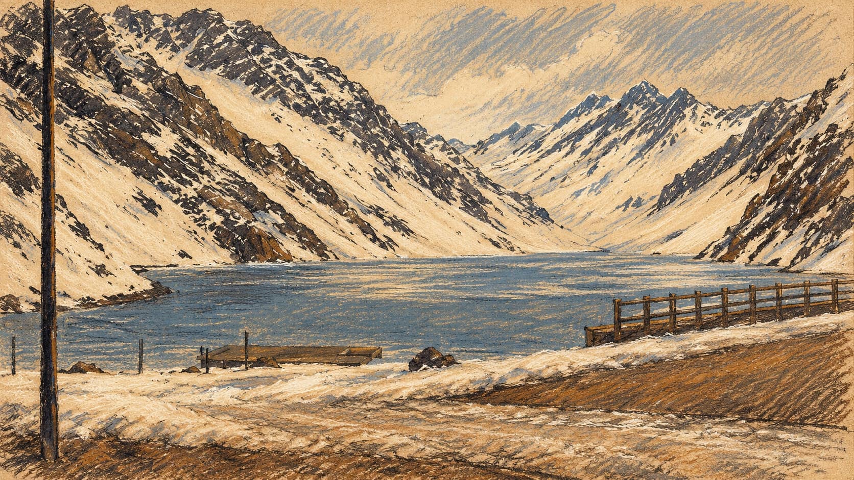 Courtroom-sketch editorial illustration of an archival 2006 view of Laguna del Inca near Portillo, with snow-covered mountain slopes surrounding the lake and a roadside foreground with wooden railing, rendered in warm ochre and slate-blue pastel strokes; geographic context, not a depiction of the October 2026 avalanche or rescue.