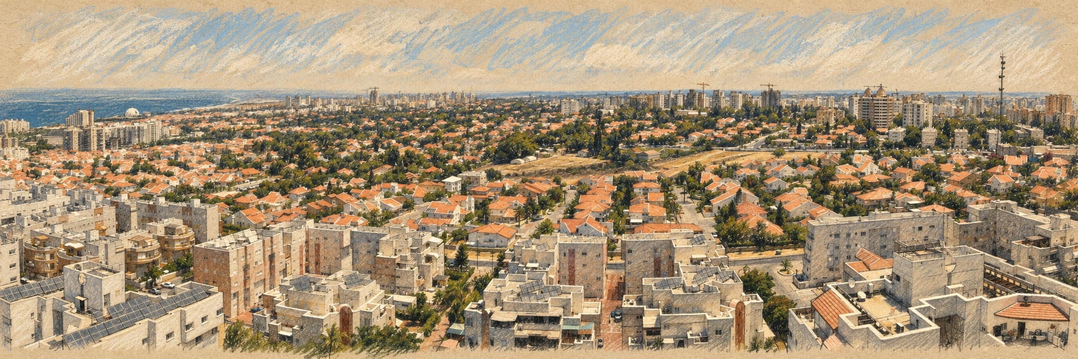 Courtroom-sketch editorial illustration of an archival Ashkelon city panorama with residential buildings, trees and the Mediterranean Sea