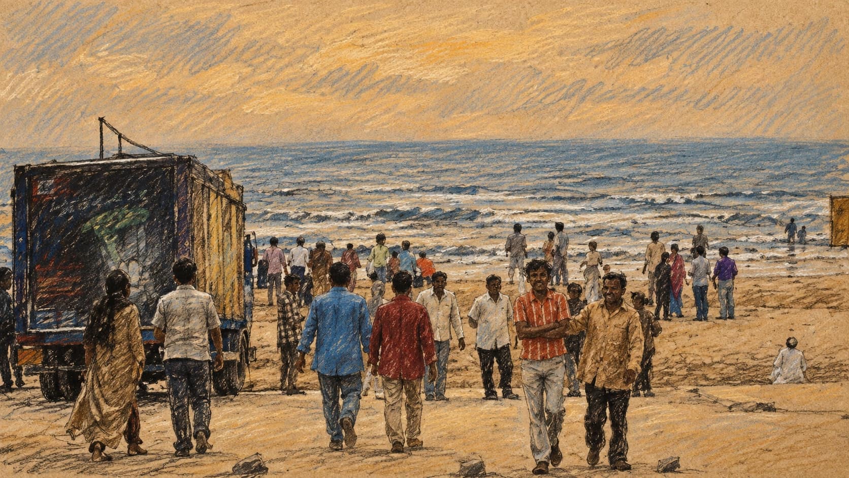 Courtroom-sketch editorial illustration of an archival November 2005 view of people at the Vile Parle entrance of Juhu Beach, Mumbai, with a truck to the left and the Arabian Sea behind them, rendered in warm ochre and slate-blue pastel strokes; geographic context, not the October 2026 shooting or any person involved.
