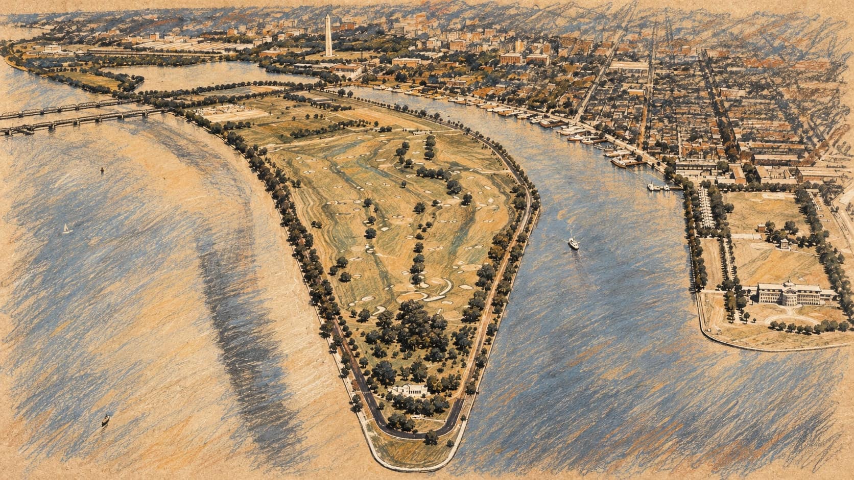Courtroom-sketch editorial illustration of an archival circa 1935 aerial view of East Potomac Park and its golf course on Hains Point, with the Potomac River and Washington Channel framing the peninsula and central Washington in the distance, rendered in warm ochre and slate-blue pastel strokes; geographic context, not the 2026 closure announcement or renovation.