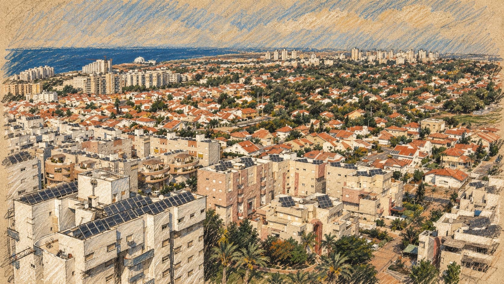 Courtroom-sketch editorial illustration of an archival Ashkelon city skyline, shown as geographic context for the report
