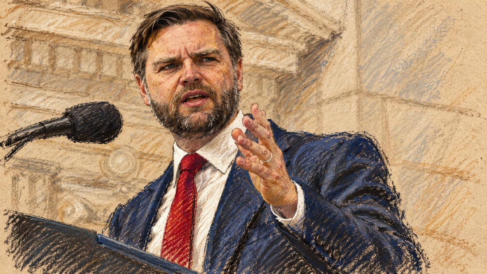 Courtroom-sketch editorial illustration of JD Vance speaking beside a microphone with one hand raised, based on an archival May 2025 portrait at Arlington National Cemetery; contextual image, not the Michigan town hall.