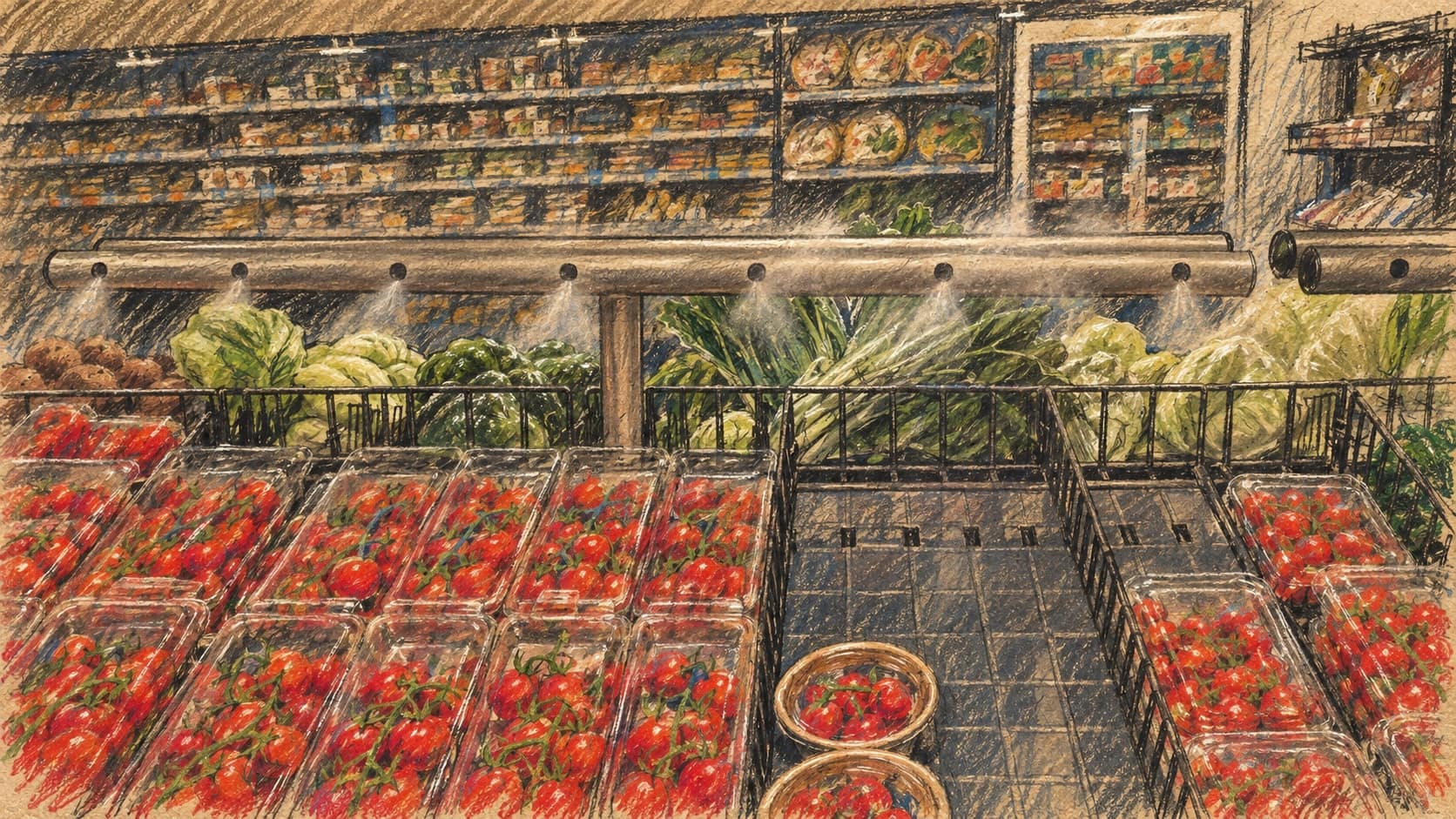 Courtroom-sketch editorial illustration of an archival November 2024 fresh-produce display at an Albert Heijn supermarket in Eindhoven, with tomato trays, leafy vegetables, a misting pipe and chilled shelves, rendered in warm ochre and slate-blue pastel strokes; contextual retail scene, not a depiction of the October 2026 cybersecurity incident.