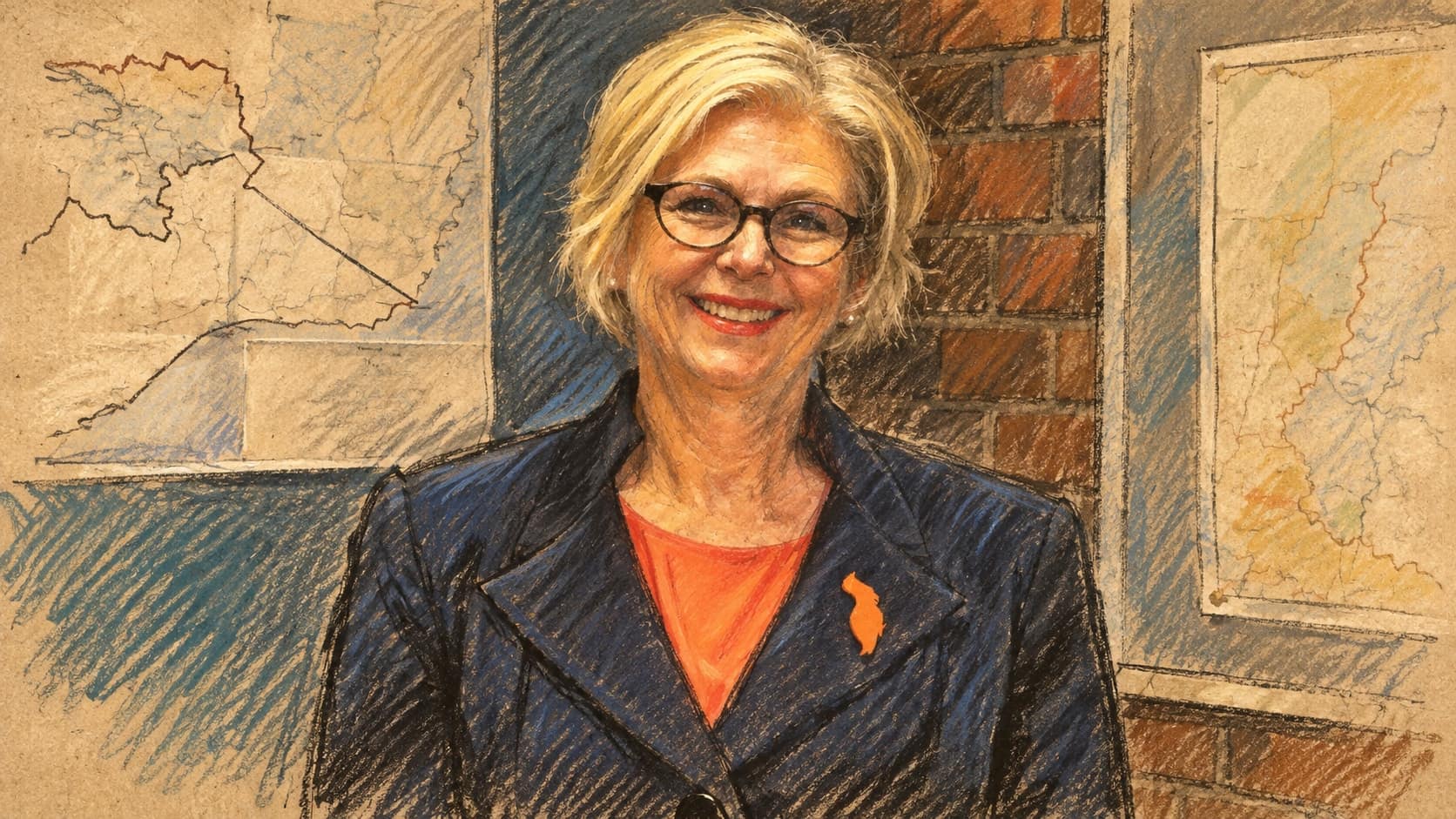 Courtroom-sketch editorial illustration of an archival June 2022 portrait of Helen Haines smiling in glasses, a dark blazer and orange blouse, with wall maps and brickwork behind her, rendered in warm ochre and slate-blue pastel strokes; contextual portrait, not a depiction of the October 2026 vehicle strike.