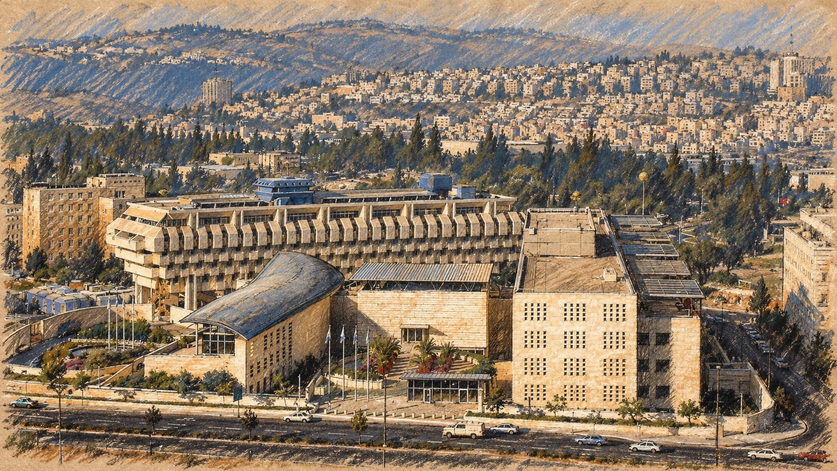 Courtroom-sketch editorial illustration of an archival view of Jerusalem's government district, with the Foreign Ministry complex in front of the Bank of Israel building and hills beyond; contextual institutional view.