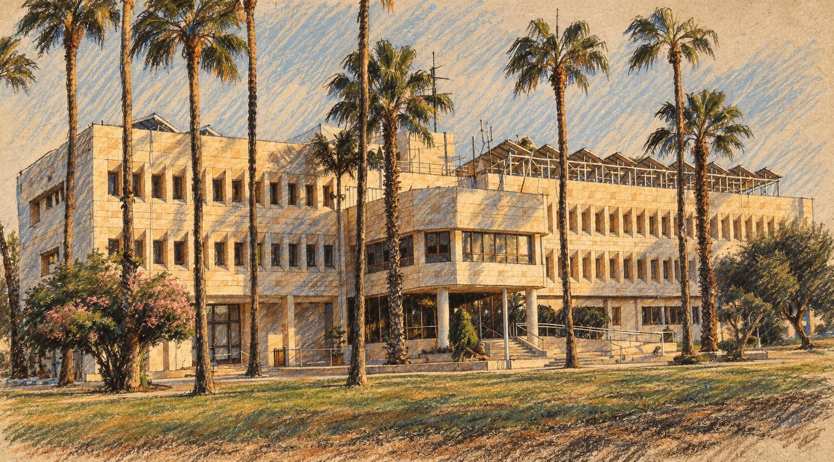 Courtroom-sketch editorial illustration of the Beer Tuvia Regional Council building with palms and a lawn, based on an archival exterior view; institutional context.