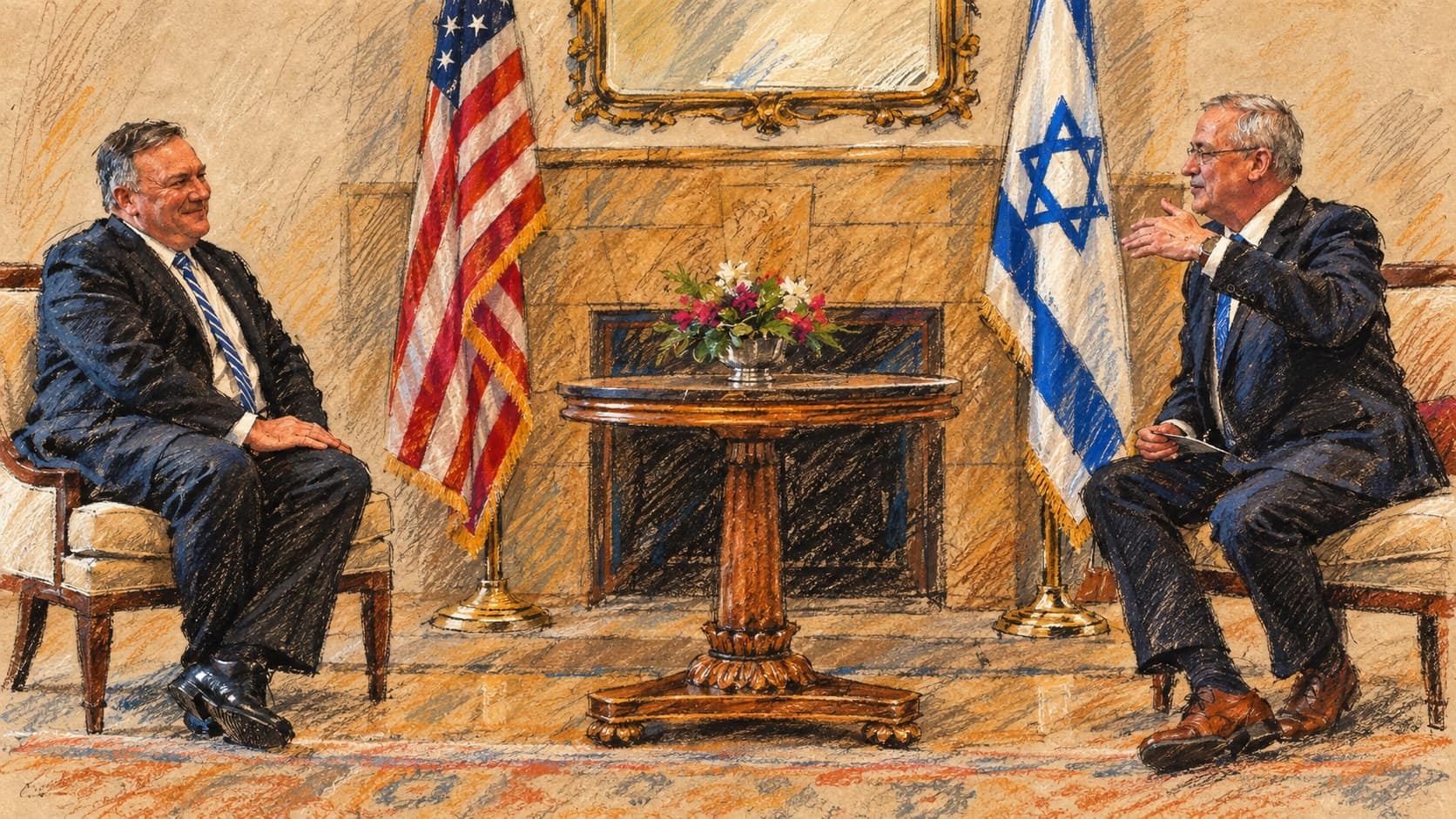 Courtroom-sketch editorial illustration of Benny Gantz, seated at right, in an archival May 2020 meeting with Mike Pompeo, with Israeli and United States flags behind them