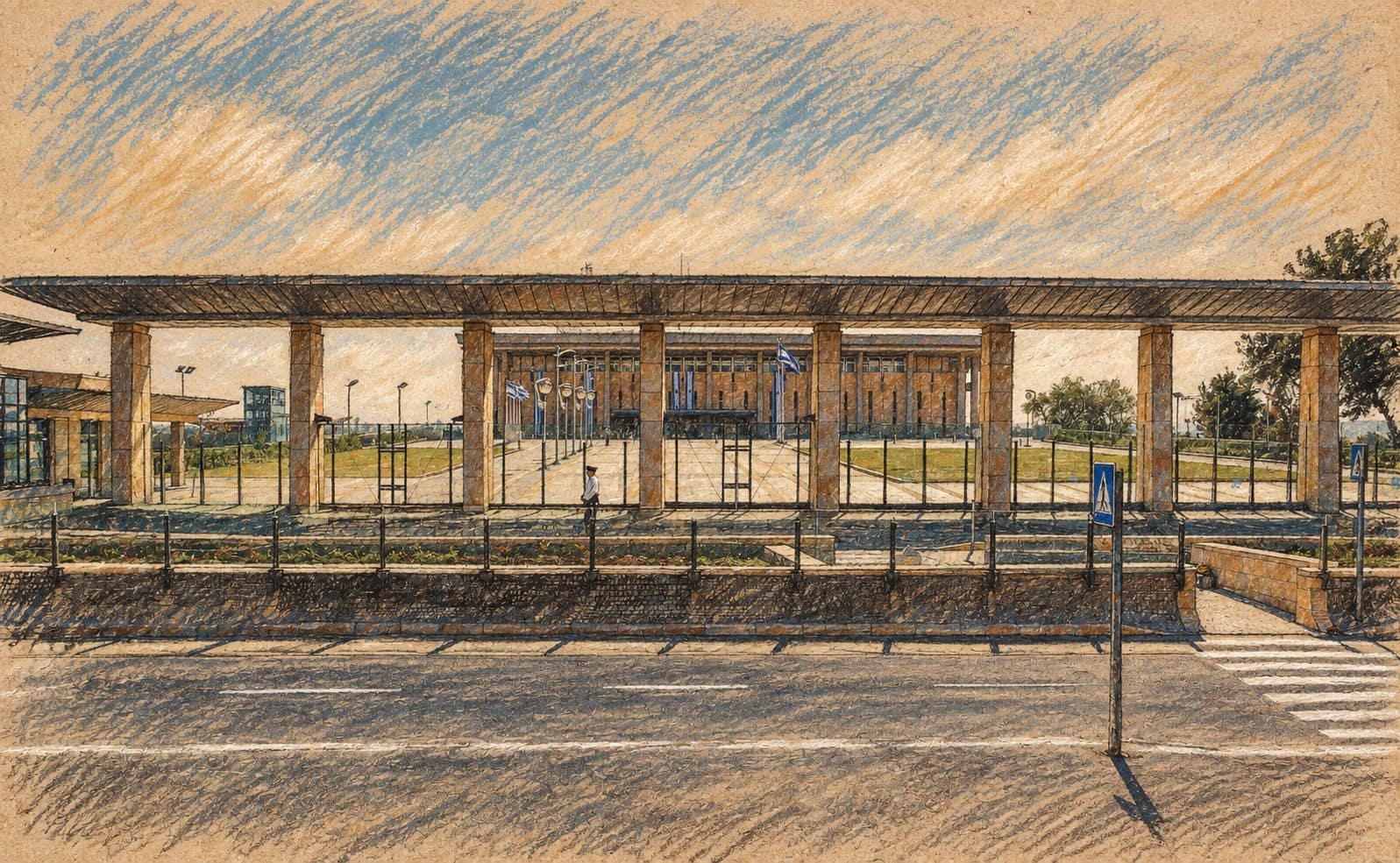 Courtroom-sketch editorial illustration of the archival Knesset exterior in Jerusalem behind its colonnaded entrance canopy and fence, with an empty road in front; institutional context, not the reported security briefing.