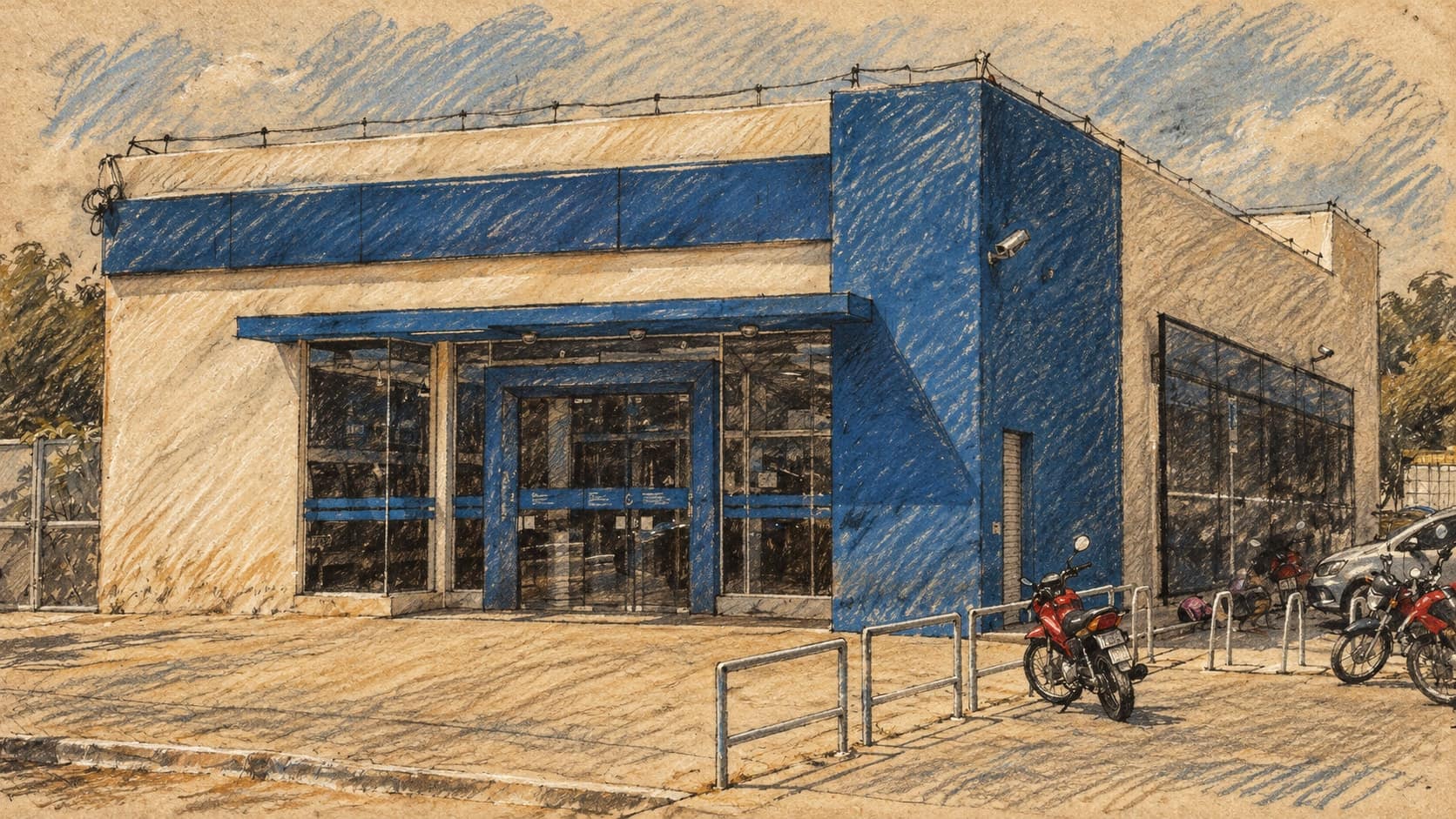 Courtroom-sketch editorial illustration of an archival 2015 exterior of a Caixa Econômica Federal branch in São Miguel, Rio Grande do Norte, with its entrance, access ramp and parked motorcycles; institutional context, not a depiction of October 2026 benefit payments or El Niño effects, rendered in warm ochre and slate-blue pastel strokes.