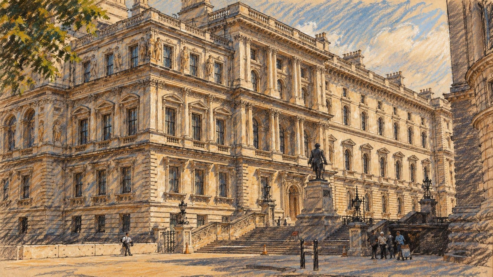 Courtroom-sketch editorial illustration of the historic Foreign Office exterior in London, with its stone façade, stairs and Clive statue, adapted from an archival 2005 photograph for institutional context