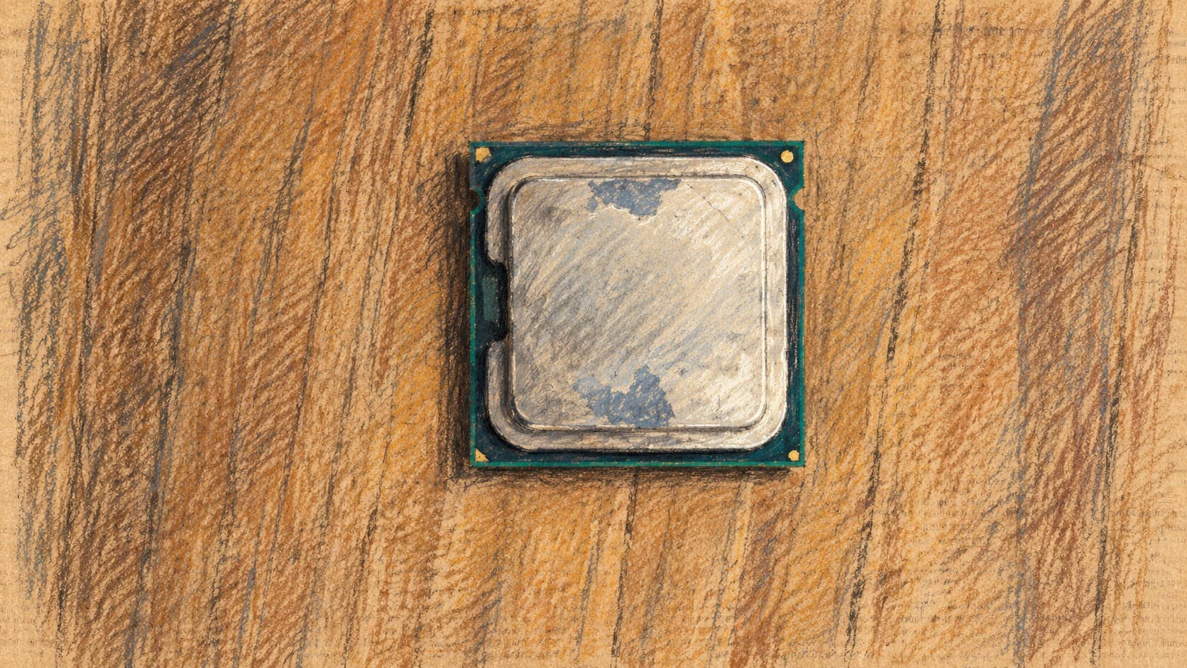 Courtroom-sketch editorial illustration of a computer processor on a wood-grain tabletop, providing archival CPU context for software execution optimization.