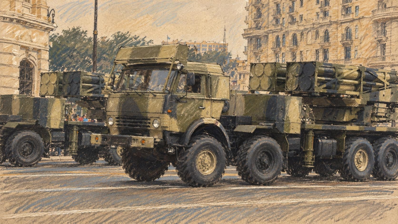 Courtroom-sketch editorial illustration of archival 2013 Lynx EXTRA rocket-launcher trucks passing stone buildings at a Baku parade; contextual equipment from the launcher family, not deliveries to the unnamed European customer.