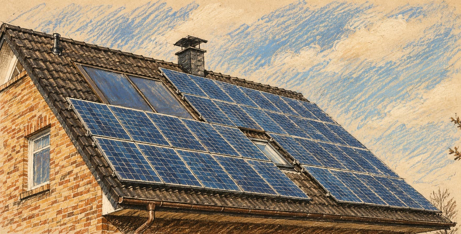Courtroom-sketch editorial illustration of solar panels on a sloping house roof, providing general rooftop-solar context