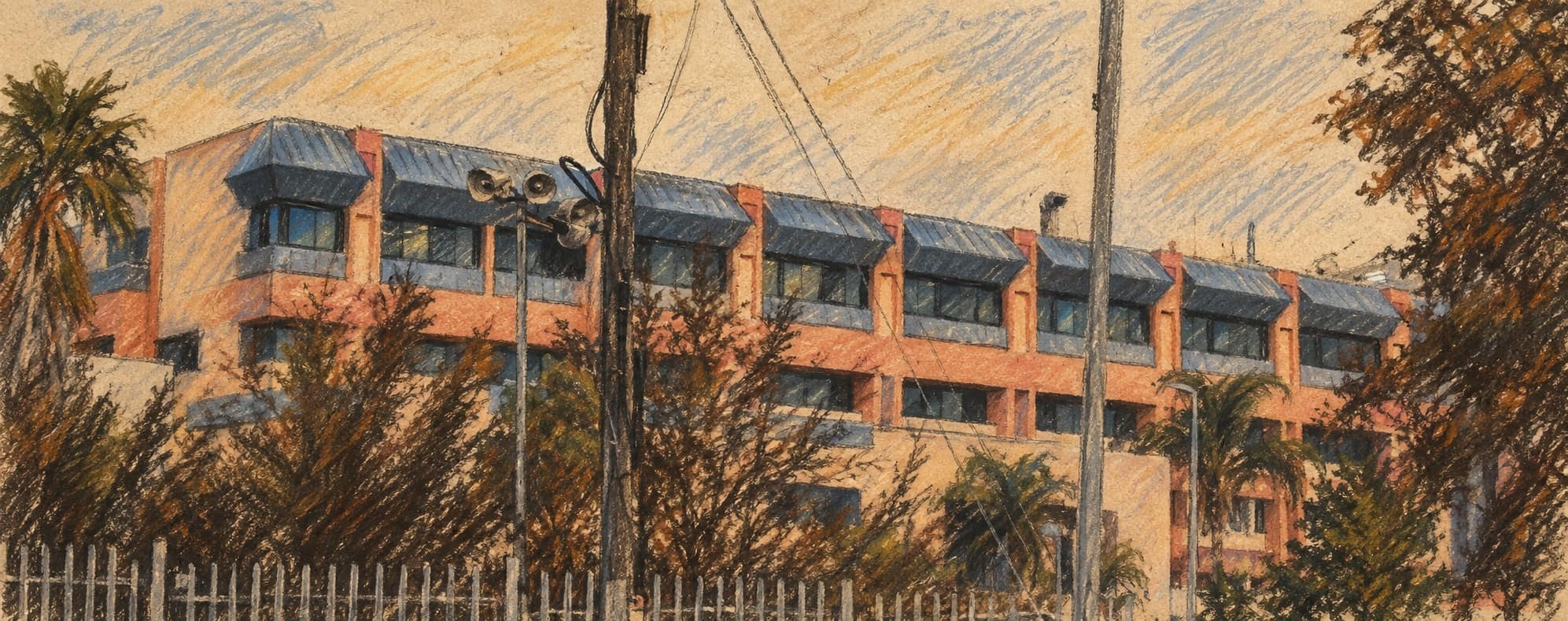 Courtroom-sketch editorial illustration of an archival exterior view of Poriya hospital, now North Medical Center, with trees and a foreground fence; contextual building view, not a depiction of the reported assault.