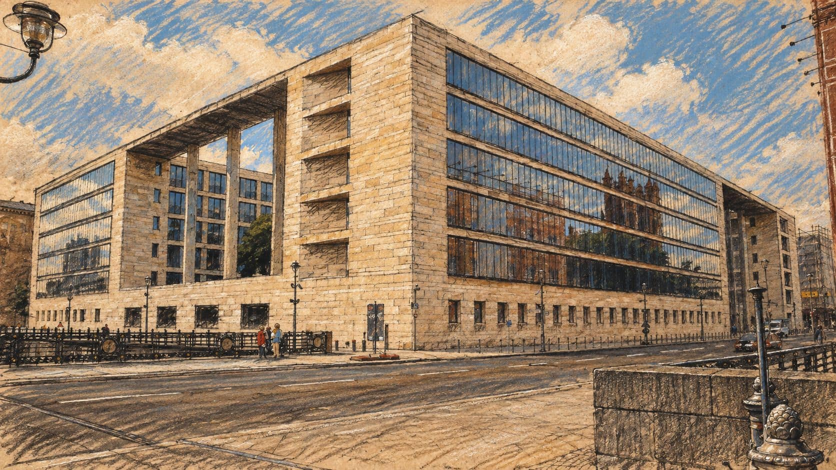 Courtroom-sketch editorial illustration of the German Foreign Office building in Berlin, an archival institutional view.