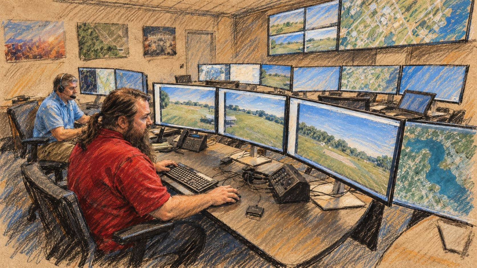 Courtroom-sketch editorial illustration of two operators at desks and monitors in an archival June 2026 NASA drone mission-control room; contextual drone-operations scene, not High Lander personnel or its funding announcement.