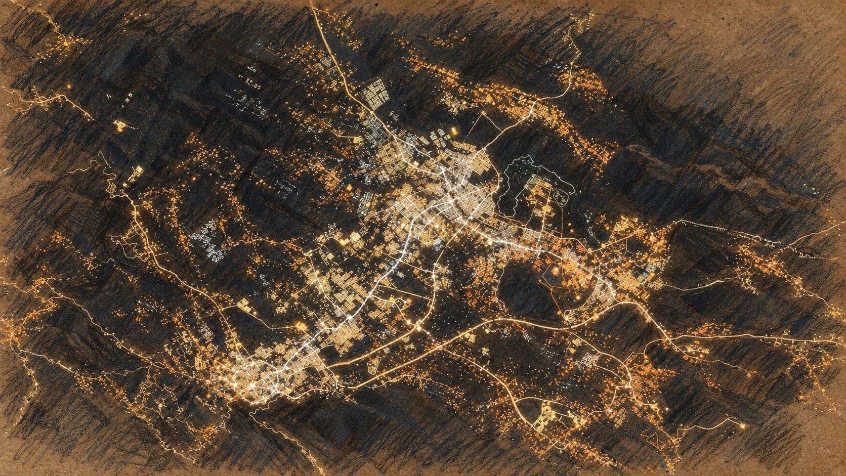 Courtroom-sketch editorial illustration of an archival May 2025 overhead night view of Abha at lower left and Khamis Mushait near center, with illuminated street grids and roads crossing the dark Saudi landscape, rendered in warm ochre and slate-blue pastel strokes; geographic context, not a depiction of the claimed October 2026 attacks.