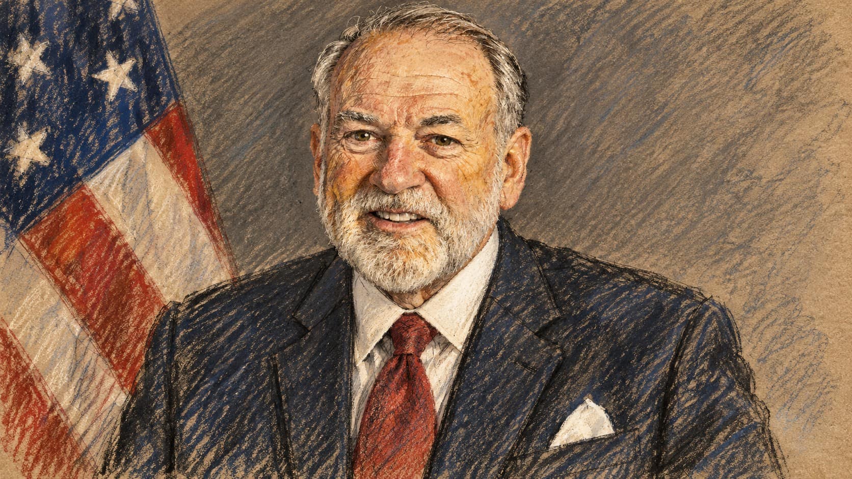 Courtroom-sketch editorial illustration of Mike Huckabee in an archival official portrait with a U.S. flag