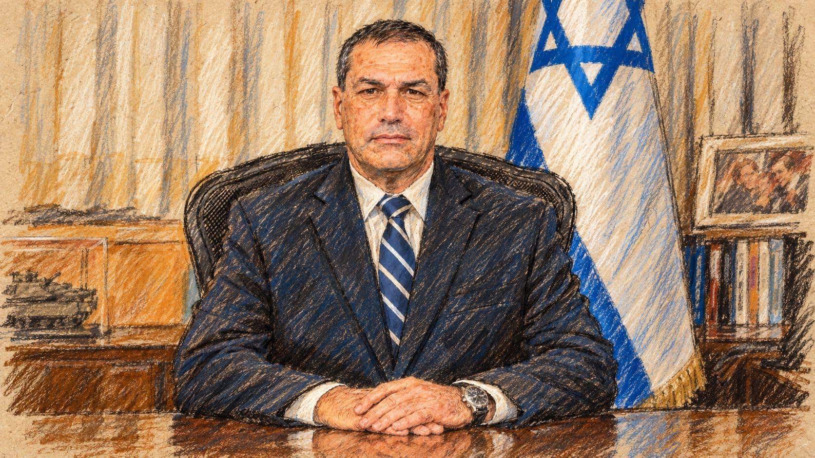 Courtroom-sketch editorial illustration of Eyal Zamir in an archival 2022 civilian portrait, seated at a desk beside an Israeli flag; contextual portrait for his election-security order.