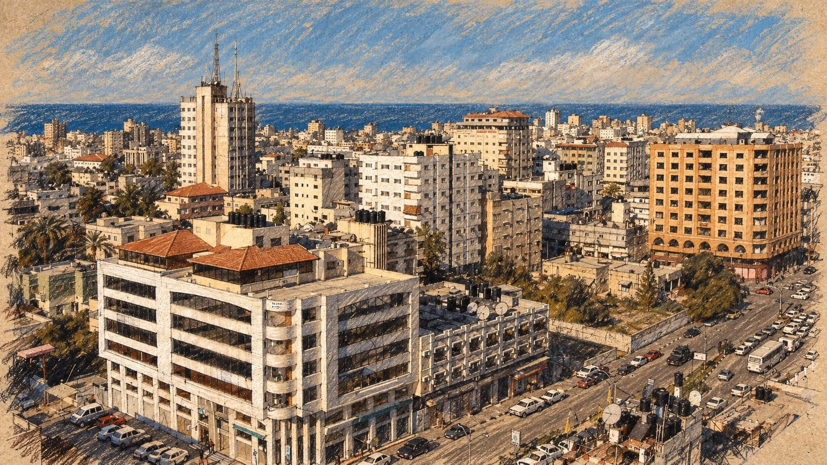 Courtroom-sketch editorial illustration of an archival 2007 Gaza City panorama with mid-rise buildings, a road and the Mediterranean horizon; geographic context, not a shelter or the proposals described in the newly disclosed document.