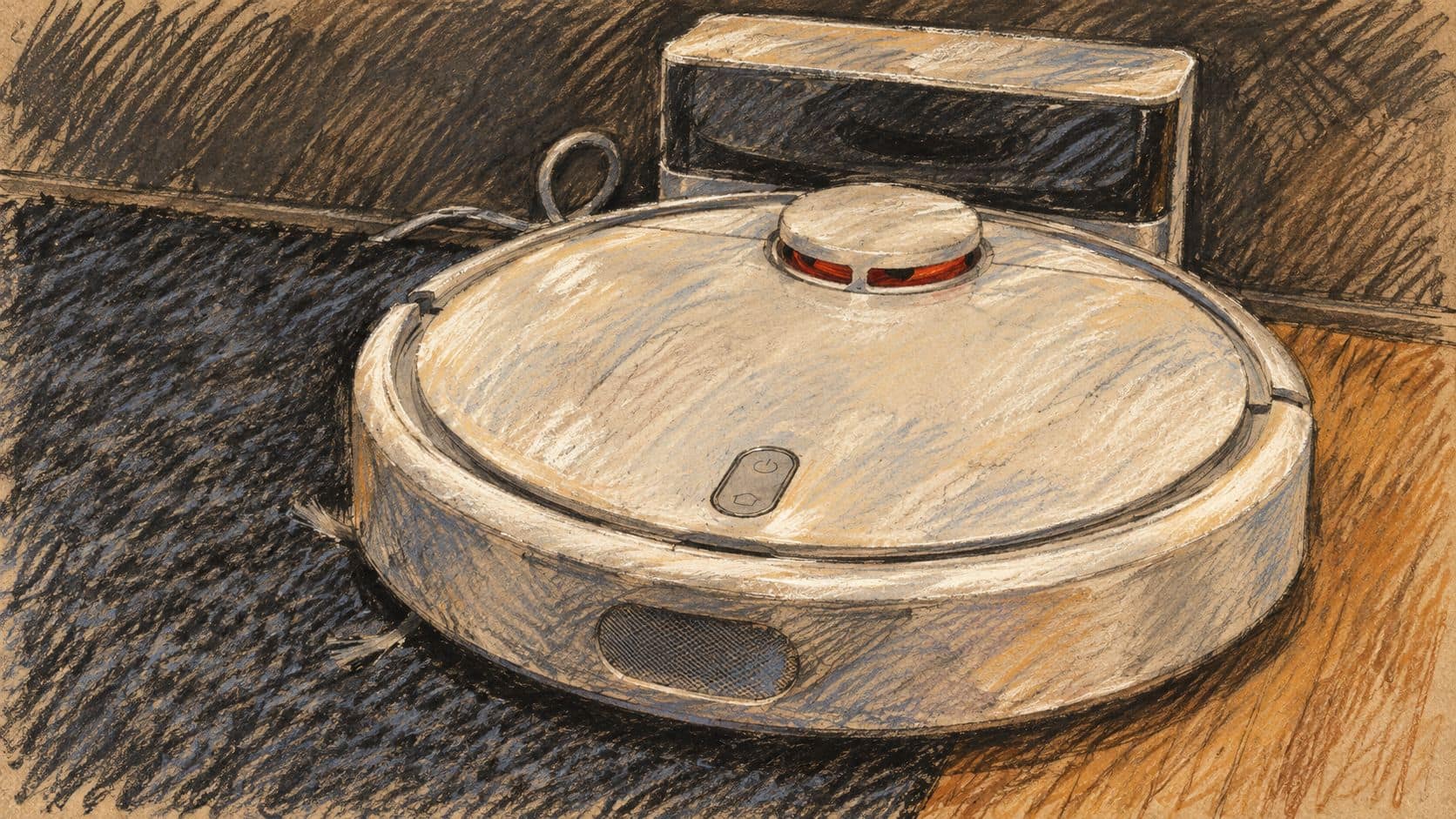 Courtroom-sketch editorial illustration of a white robot vacuum and charging dock on a rug beside a wooden floor; archival connected-appliance context, not the October 2026 import order.