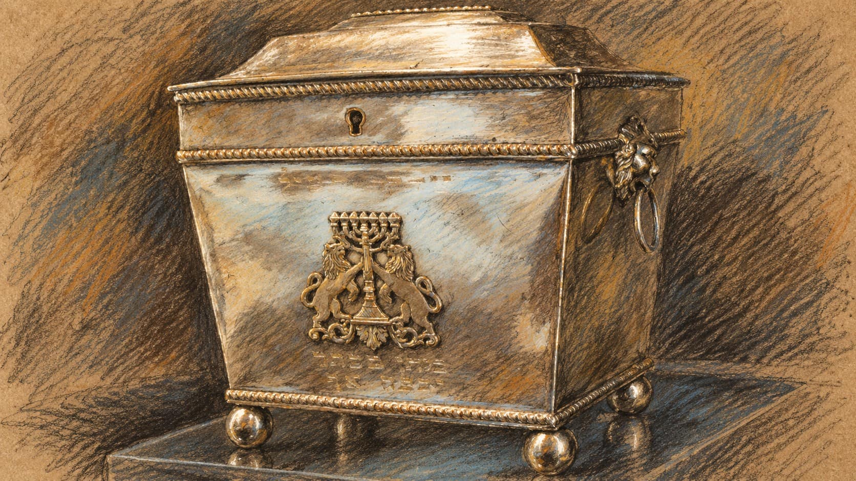 Courtroom-sketch editorial illustration of a silver Jewish charity box made in Charleston in 1820, based on an archival museum photograph; historical context for community finance
