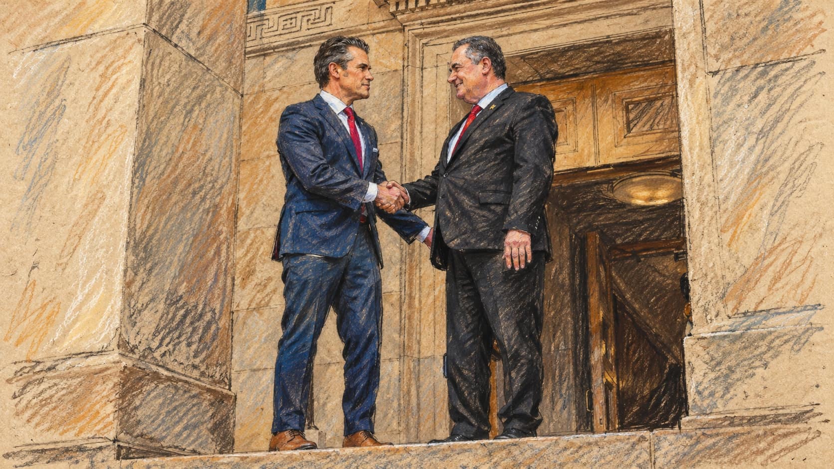 Courtroom-sketch editorial illustration of Israel Katz and Pete Hegseth shaking hands outside the Pentagon in an archival July 2025 scene