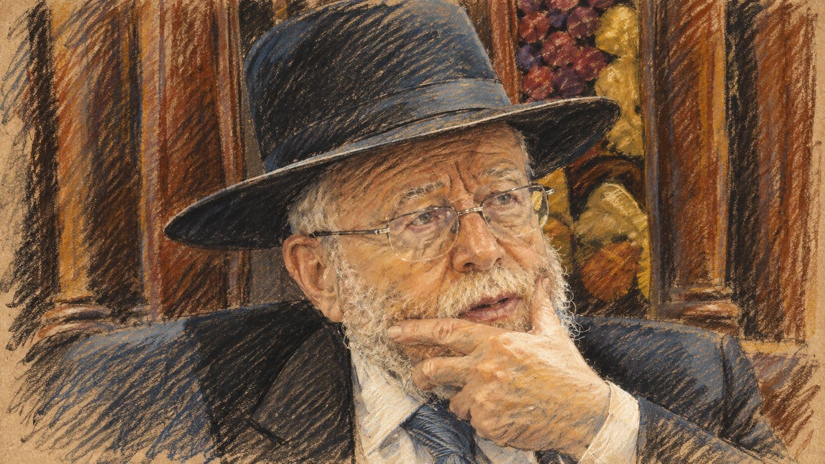 Courtroom-sketch editorial illustration of Rabbi Dov Lior seated with a hand at his chin in an archival 2013 portrait at Beit Harav, used as context for the reported law-enforcement deliberations
